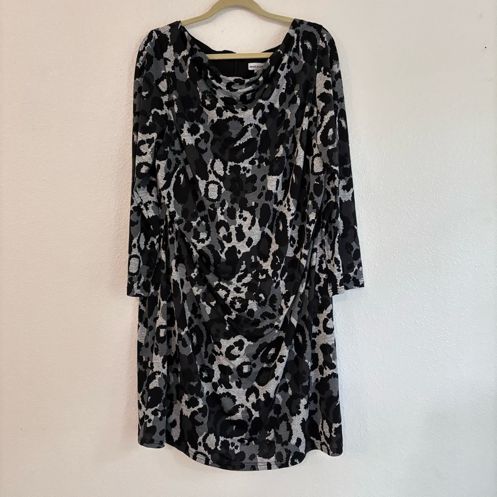 Jessica London | Grey Black leopard scoop gathered dress Business Casual career
